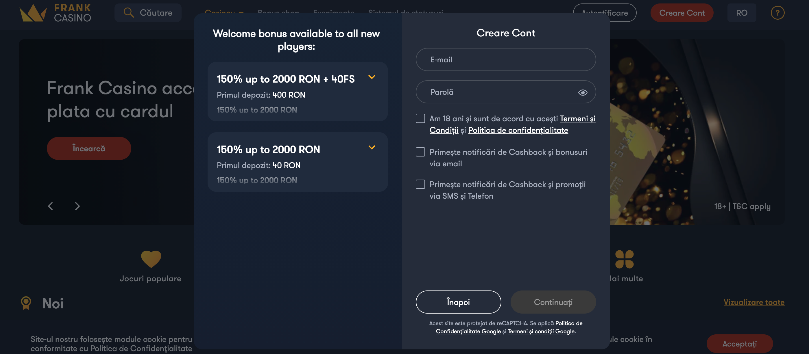 înregistrare pe site-ul cazinoului frank